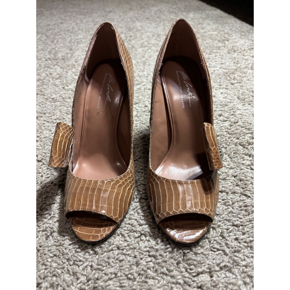 Randolph Duke The Look Mocha Snakeskin Peep Toe Bow Crystal Heels 217163 Size6.5
